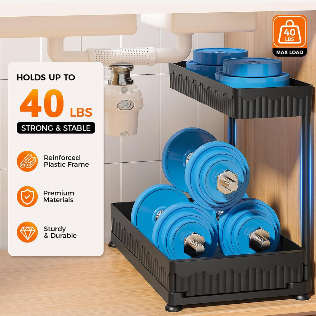 3 Pack Multi-Purpose Pull-Out Storage Organizers, 2-Tier L-Shaped under Sink/Cabinet Organizers and Storage for Bathroom & Kitchen, (Black, 12.85 Inches)