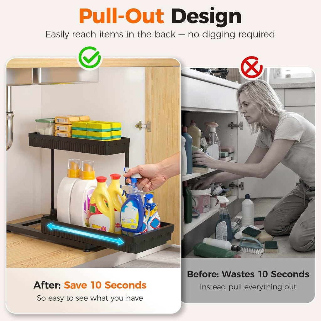 3 Pack Multi-Purpose Pull-Out Storage Organizers, 2-Tier L-Shaped under Sink/Cabinet Organizers and Storage for Bathroom & Kitchen, (Black, 12.85 Inches)