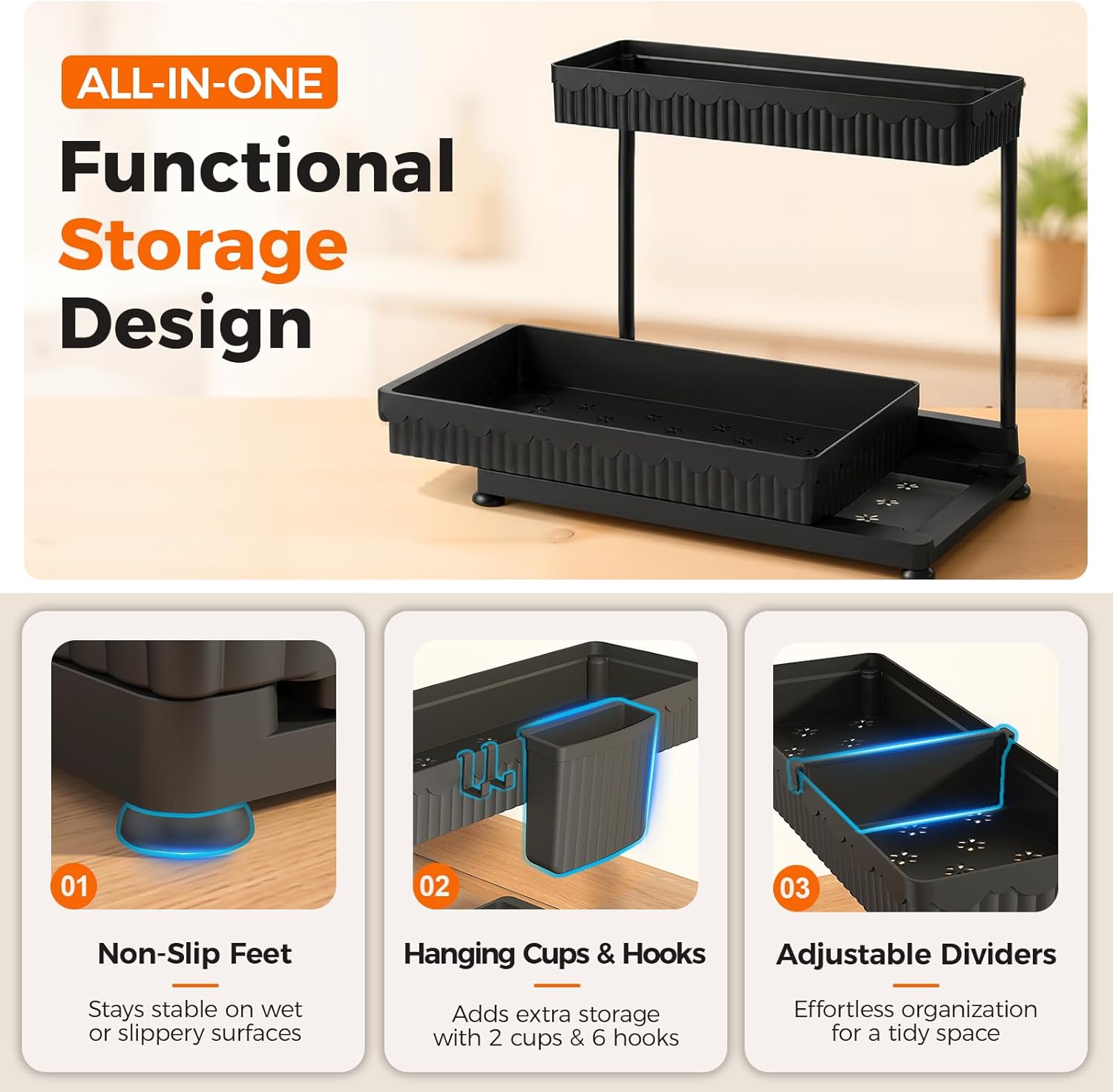 3 Pack Multi-Purpose Pull-Out Storage Organizers, 2-Tier L-Shaped under Sink/Cabinet Organizers and Storage for Bathroom & Kitchen, (Black, 12.85 Inches)