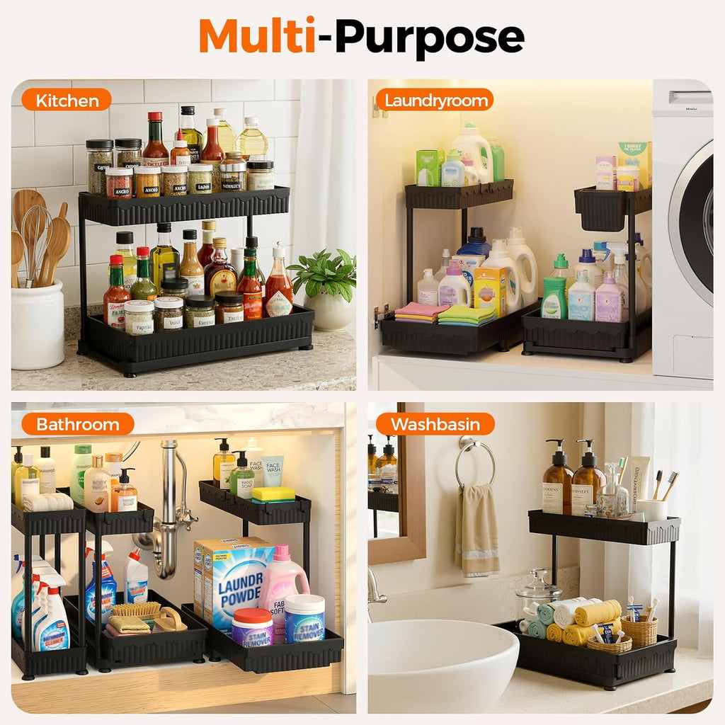 3 Pack Multi-Purpose Pull-Out Storage Organizers, 2-Tier L-Shaped under Sink/Cabinet Organizers and Storage for Bathroom & Kitchen, (Black, 12.85 Inches)