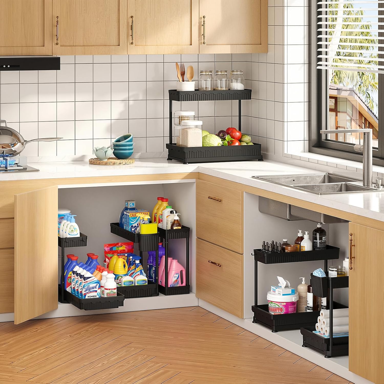 3 Pack Multi-Purpose Pull-Out Storage Organizers, 2-Tier L-Shaped under Sink/Cabinet Organizers and Storage for Bathroom & Kitchen, (Black, 12.85 Inches)