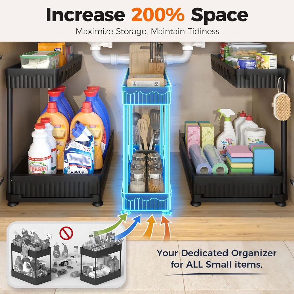 3 Pack Multi-Purpose Pull-Out Storage Organizers, 2-Tier L-Shaped under Sink/Cabinet Organizers and Storage for Bathroom & Kitchen, (Black, 12.85 Inches)