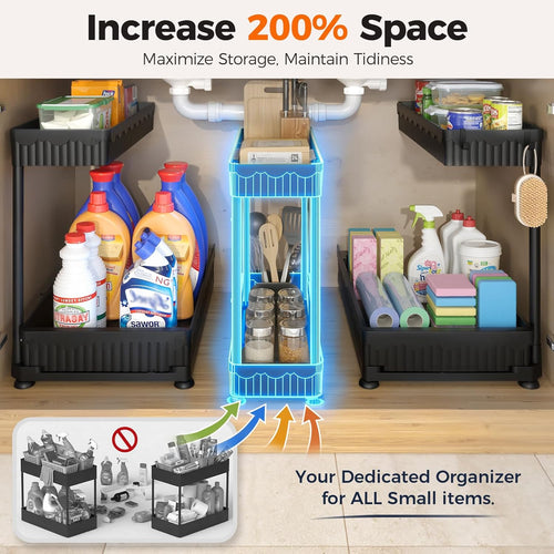 3 Pack Multi-Purpose Pull-Out Storage Organizers, 2-Tier L-Shaped under Sink/Cabinet Organizers and Storage for Bathroom & Kitchen, (Black, 12.85 Inches)