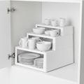 Stackable shelf organizer risers for kitchen cabinet in white