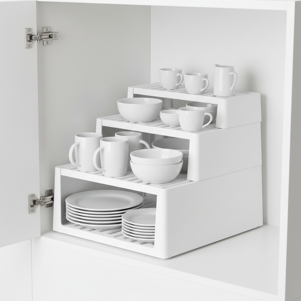 Stackable shelf organizer risers for kitchen cabinet in white