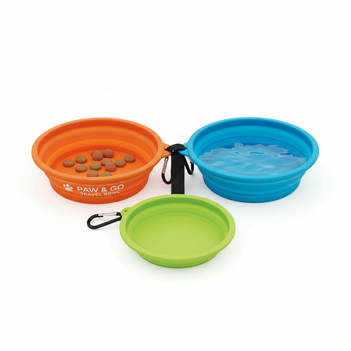 Set of 2 collapsible silicone pet travel bowls in bright colors