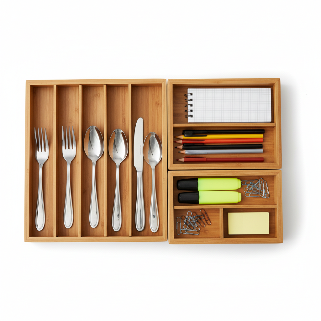 6-piece bamboo drawer organizer set with multiple compartments