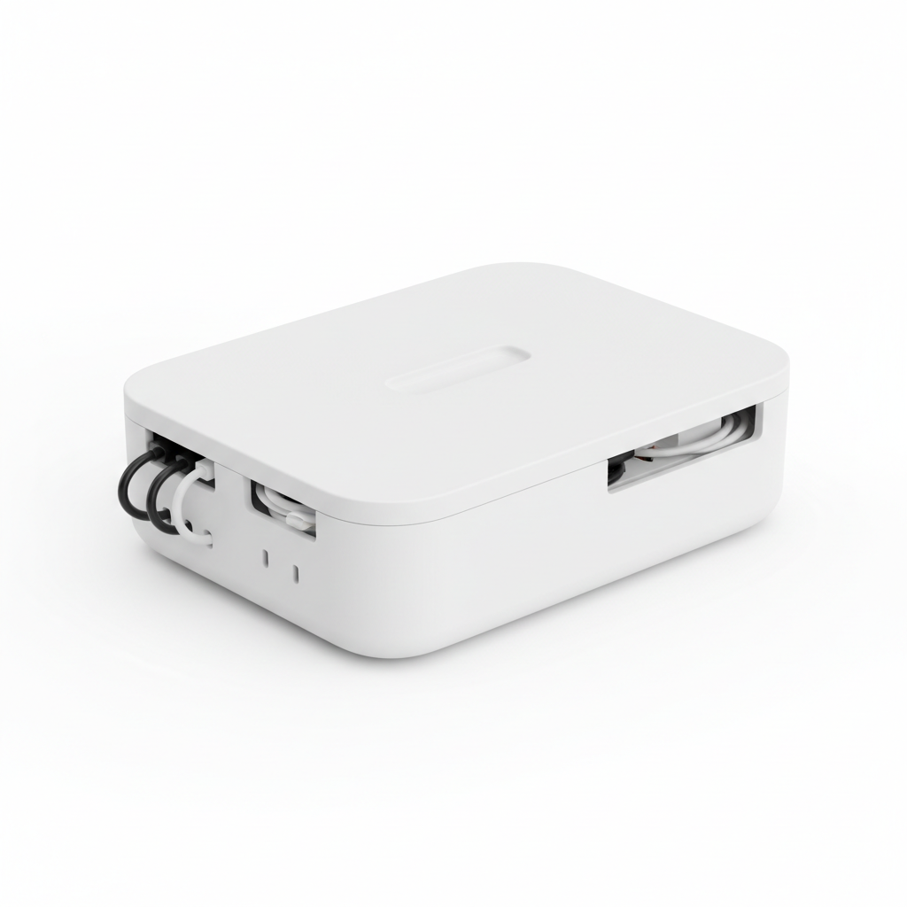 White cable management box hiding power strip and cords
