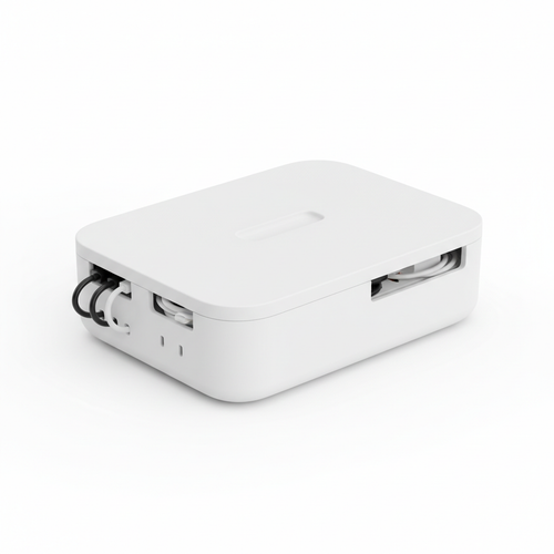 White cable management box hiding power strip and cords