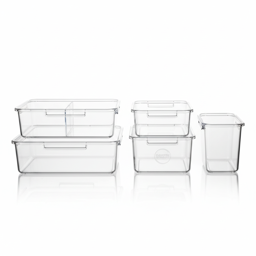 Set of 6 clear acrylic fridge organization bins on refrigerator shelves
