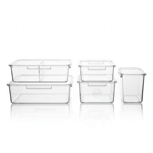 Set of 6 clear acrylic fridge organization bins on refrigerator shelves