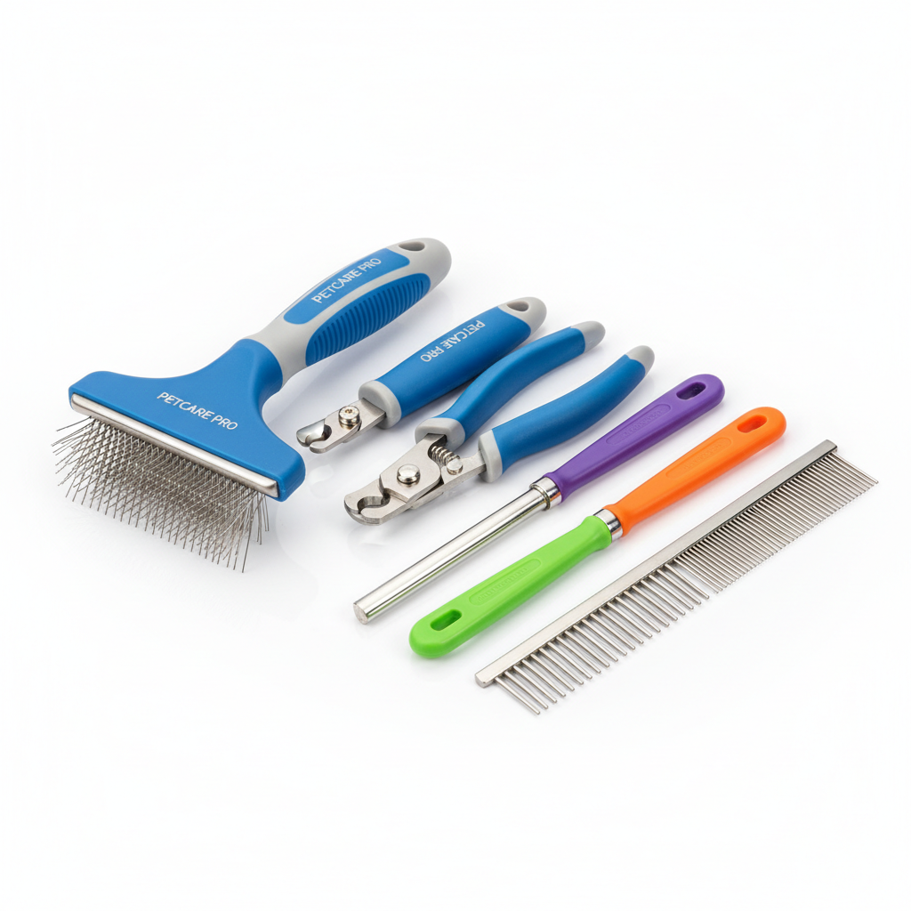 5-piece professional pet grooming kit with brush, clippers and comb