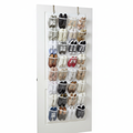 Over the door organizer with 24 clear pockets hanging on white door
